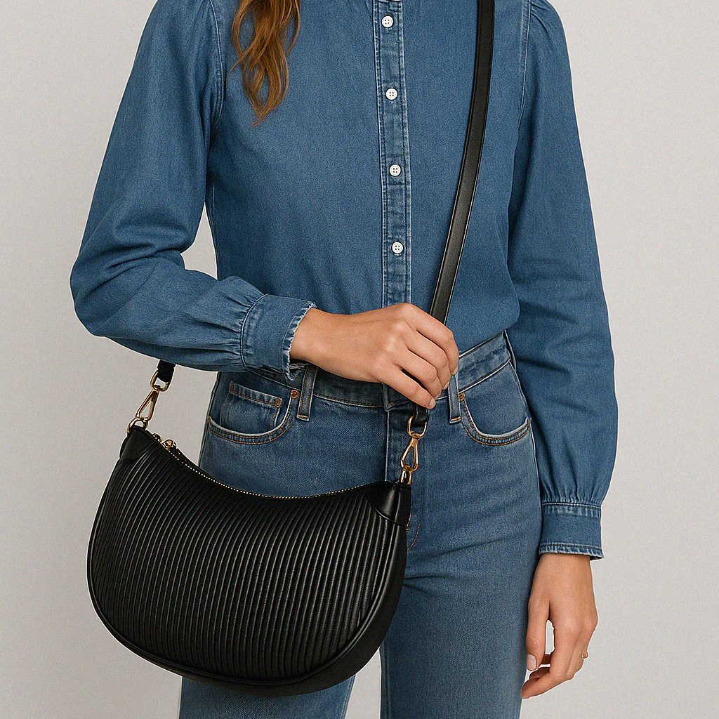 Sac à main bandoulière noir croissant de lune en PU ondulé - Image 3