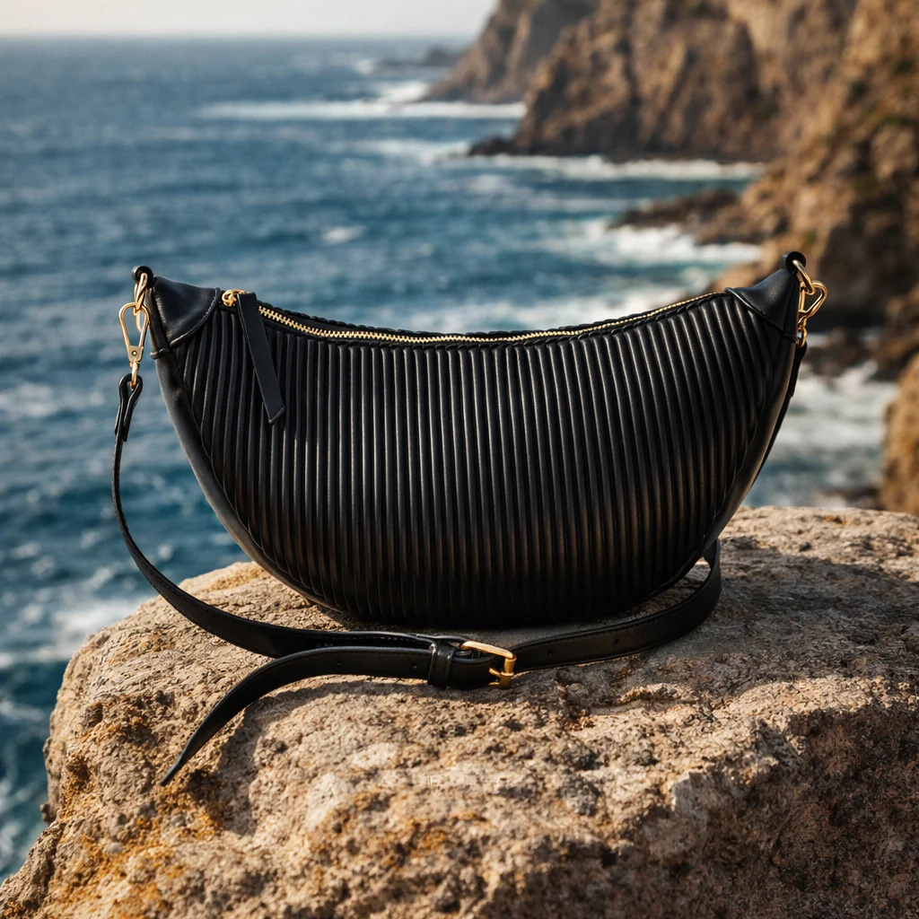 Sac à main bandoulière noir croissant de lune en PU ondulé - Image 6