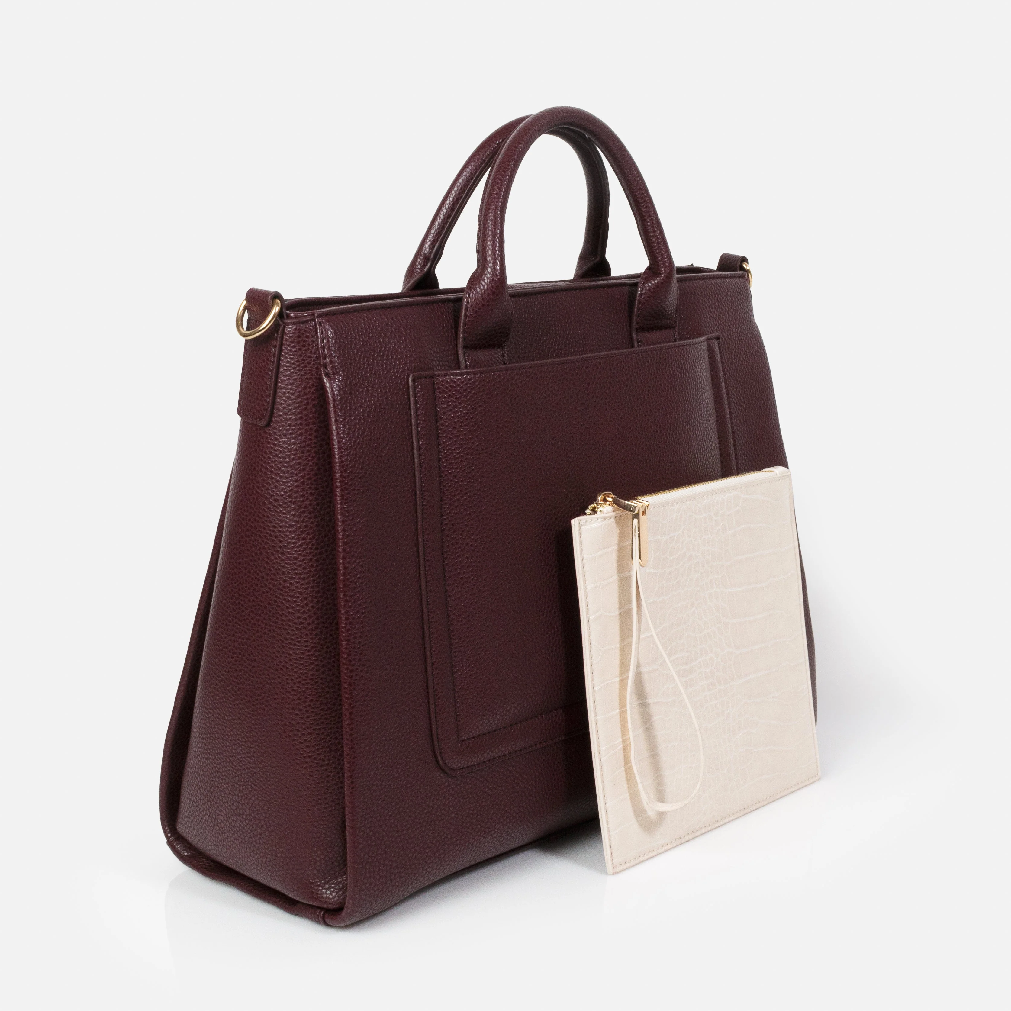 Sac à main bourgogne en PU & pochette amovible ivoire