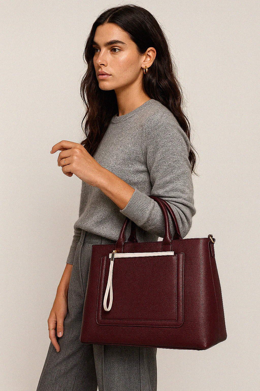 Sac à main bourgogne en PU & pochette amovible ivoire - Image 4