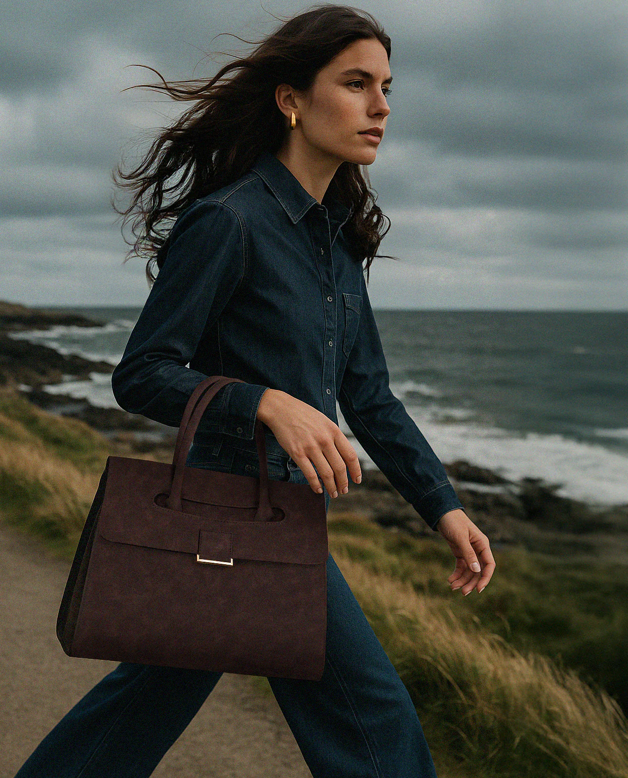 Sac à main brun foncé en suède - Image 4