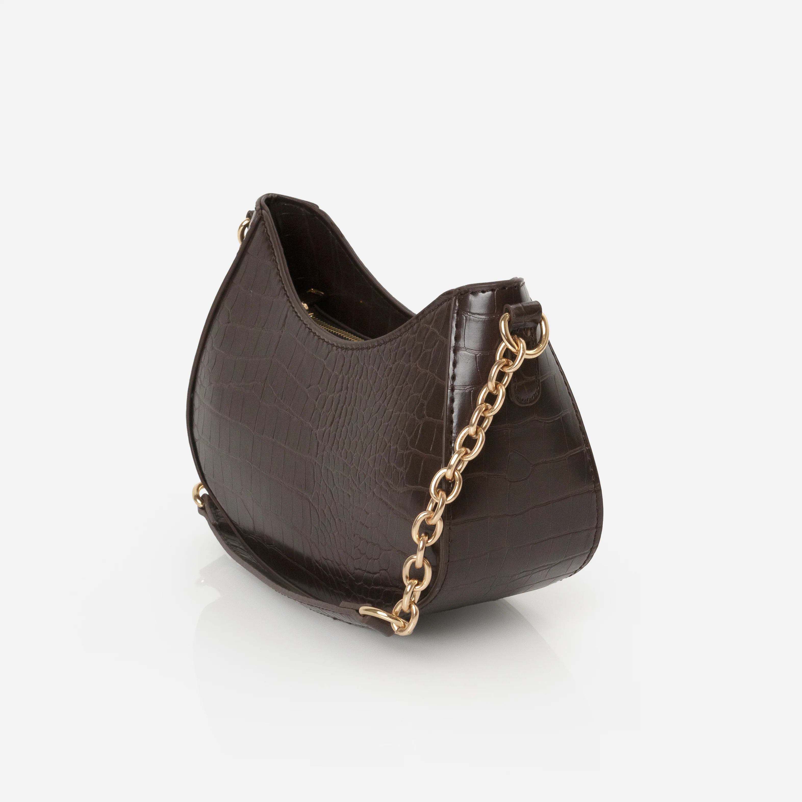 Sac à main épaule peau de crocodile brun chocolat - Image 2