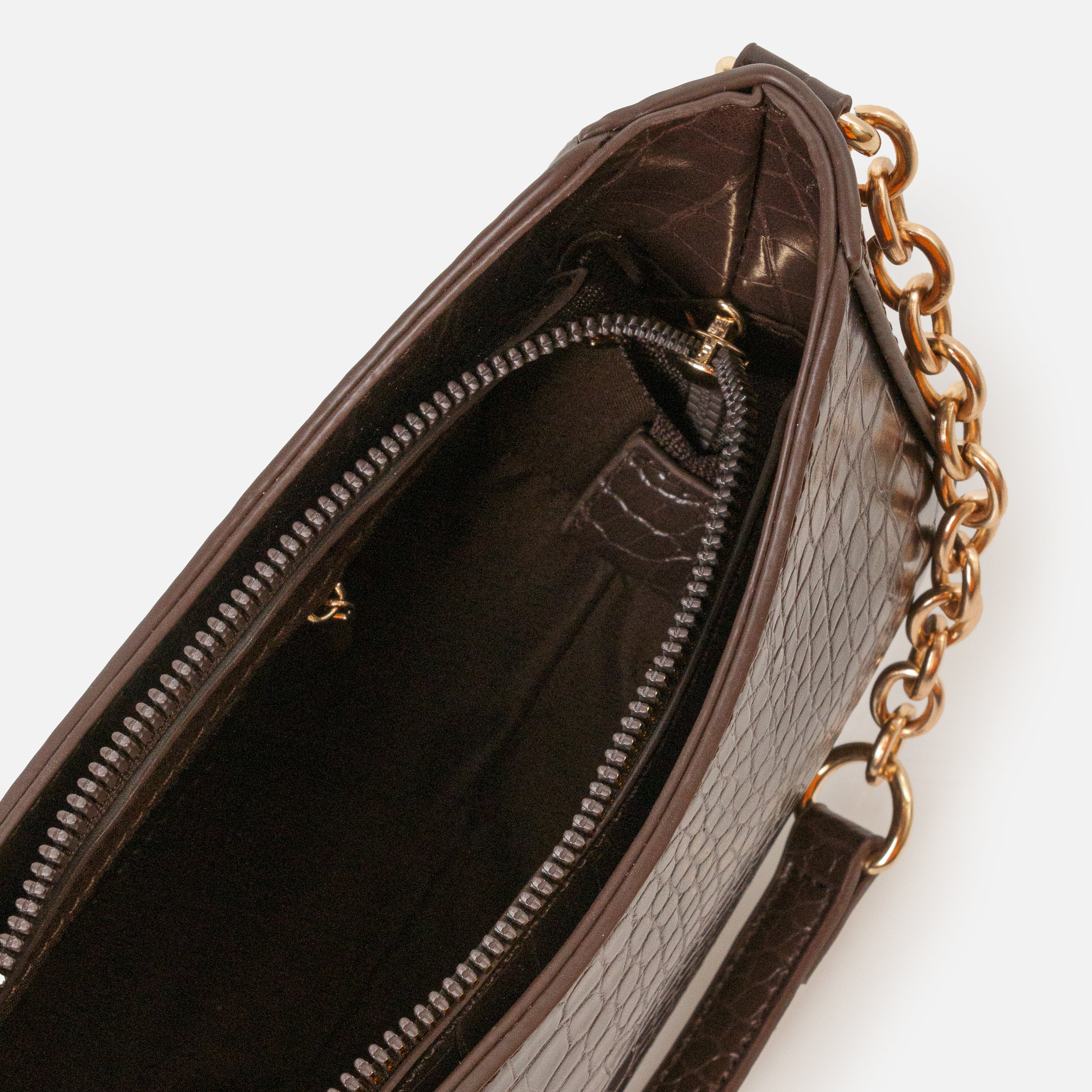 Sac à main épaule peau de crocodile brun chocolat - Image 4