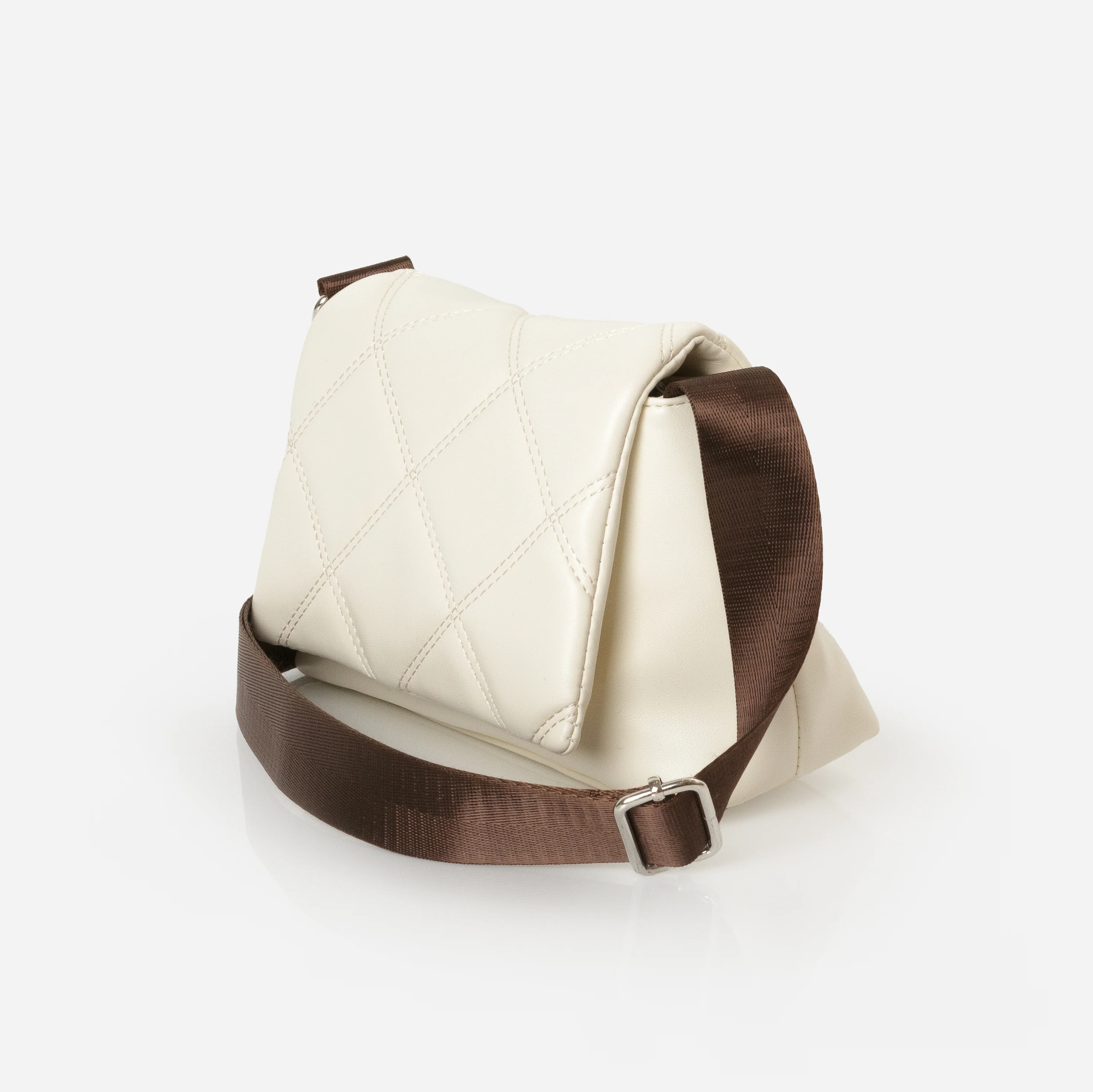 Sac à main épaule ivoire à rabat matelassé et ganse brun chocolat - Image 2