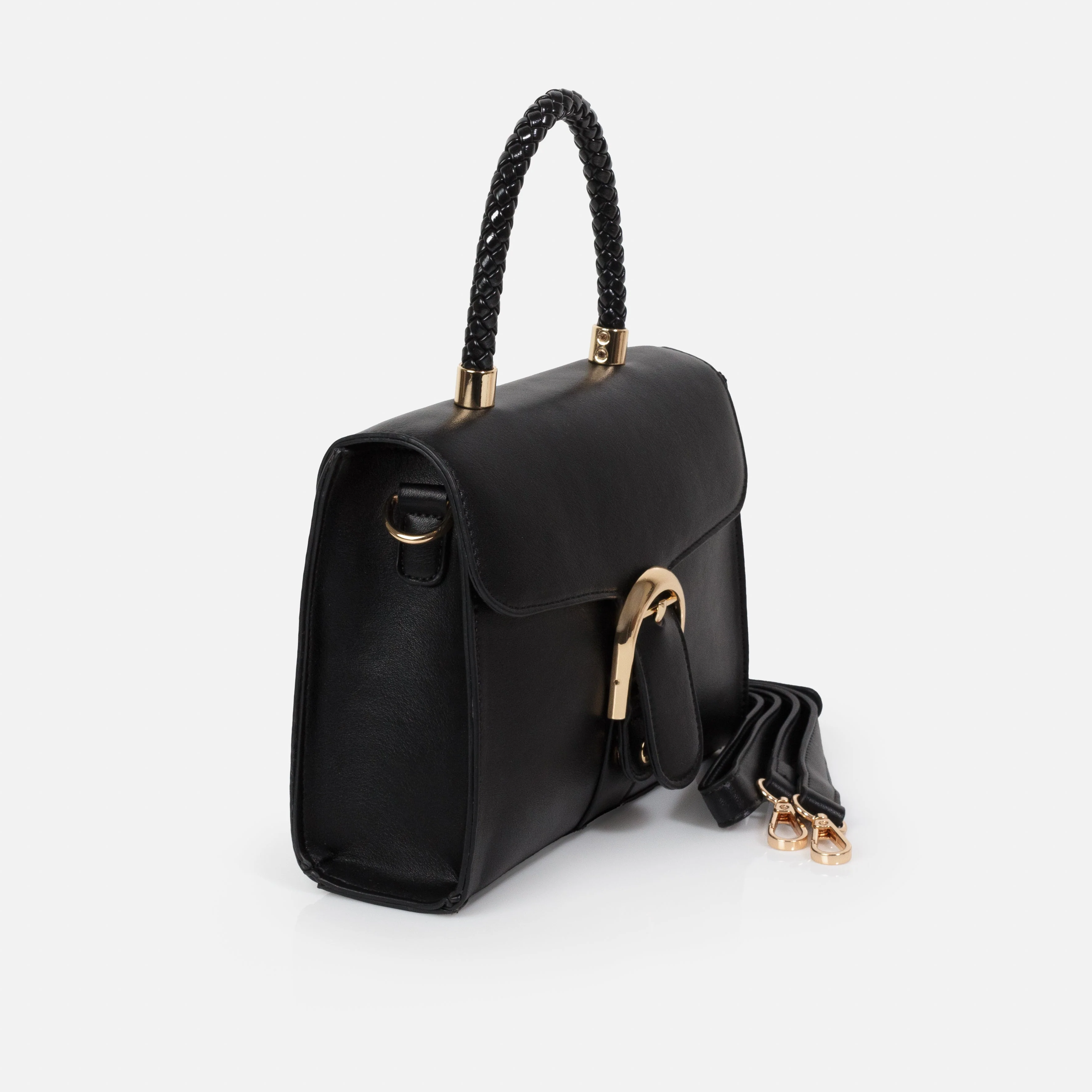 Sac à main noir en PU lisse avec poignée tressée - Image 2