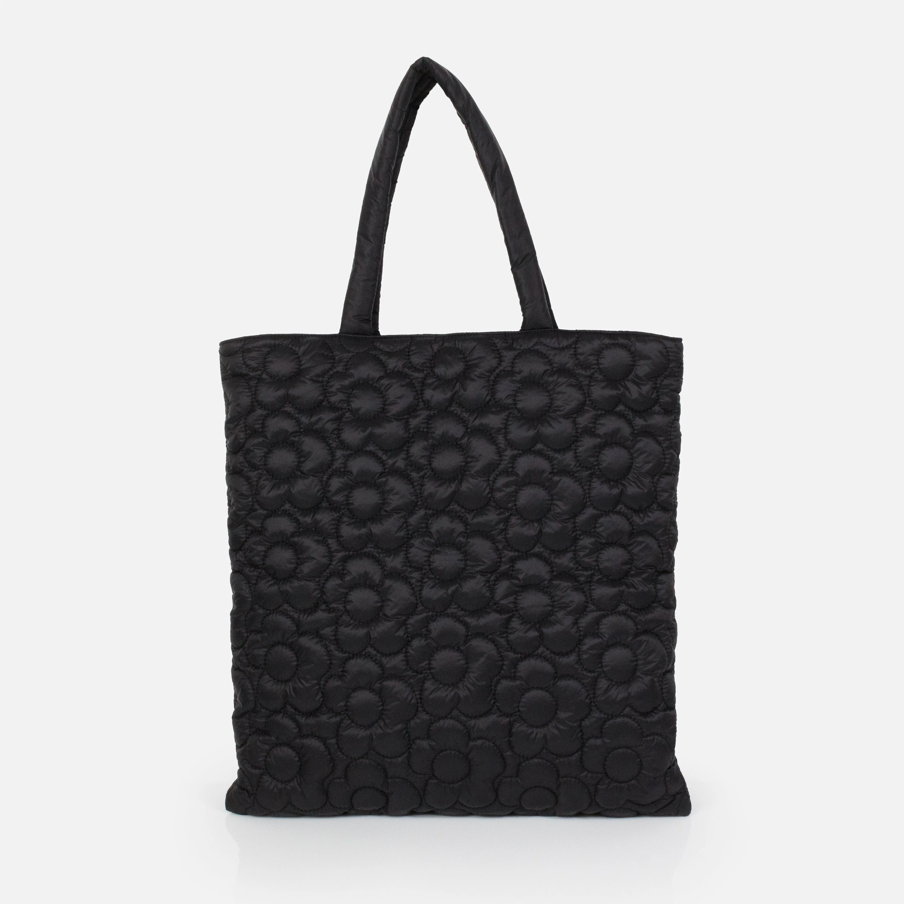 Sac fourre-tout noir en nylon matelassé avec fleurs brodées
