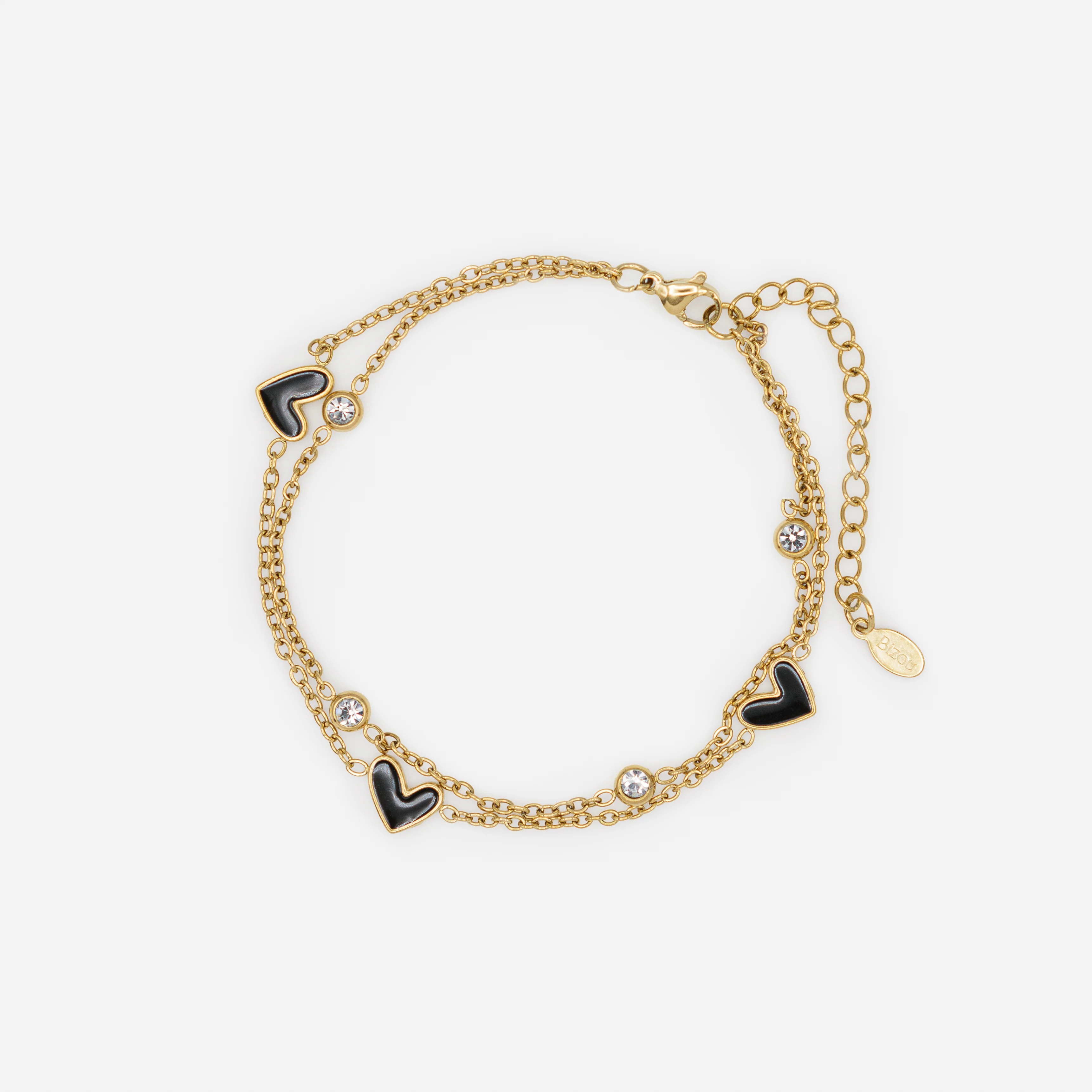 Ensemble doré collier et bracelet double chaîne coeurs noirs et zircons cubiques en acier inoxydable - Image 2