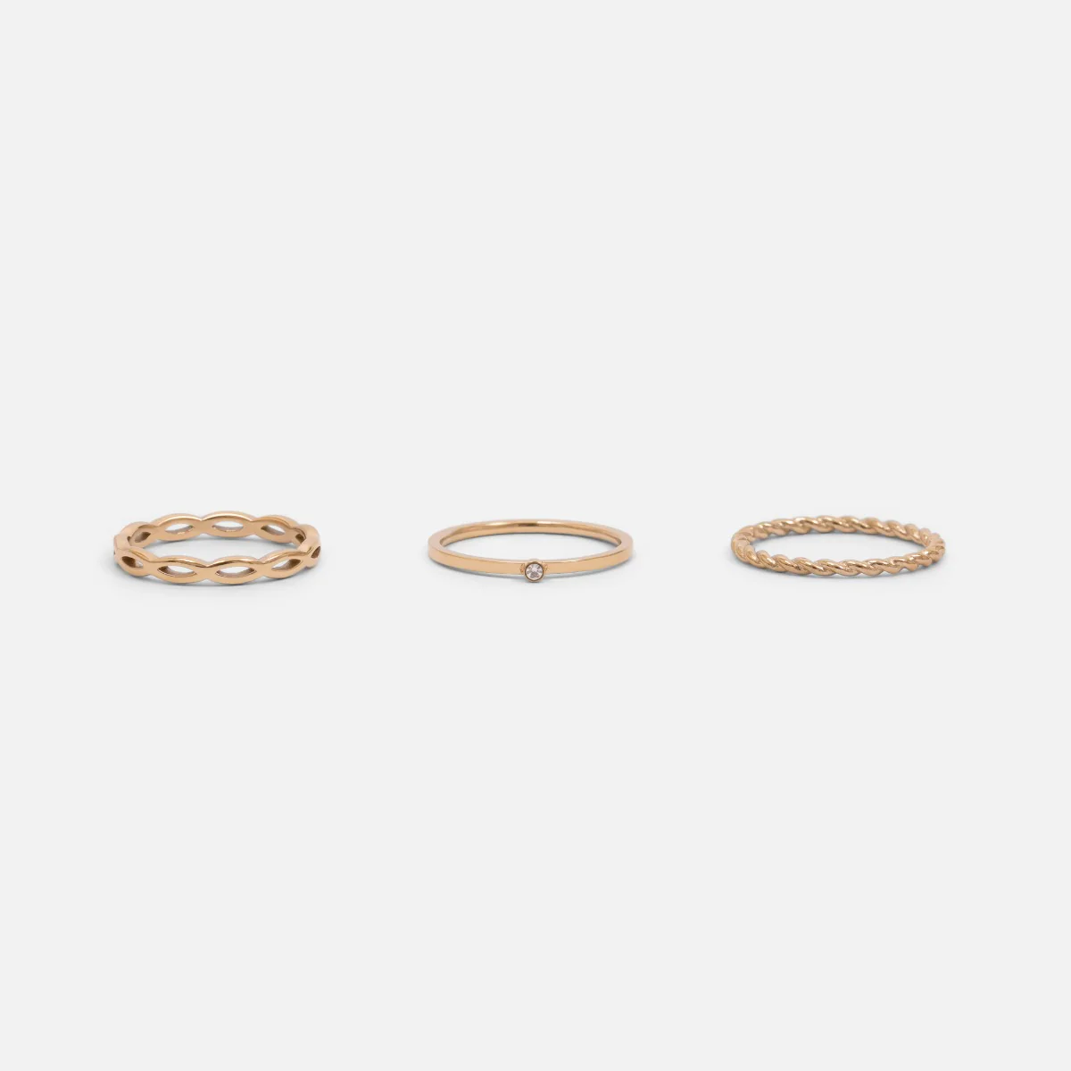 Trio de bagues dorées cz, tordu et vague en acier inoxydable