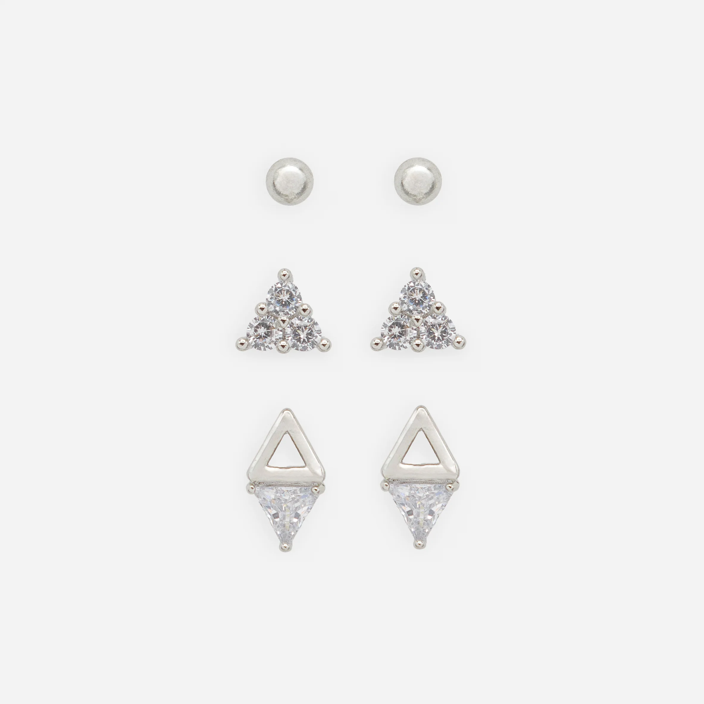 Trio de boucles d'oreilles triangulaires et boules argentées avec zircons cubiques