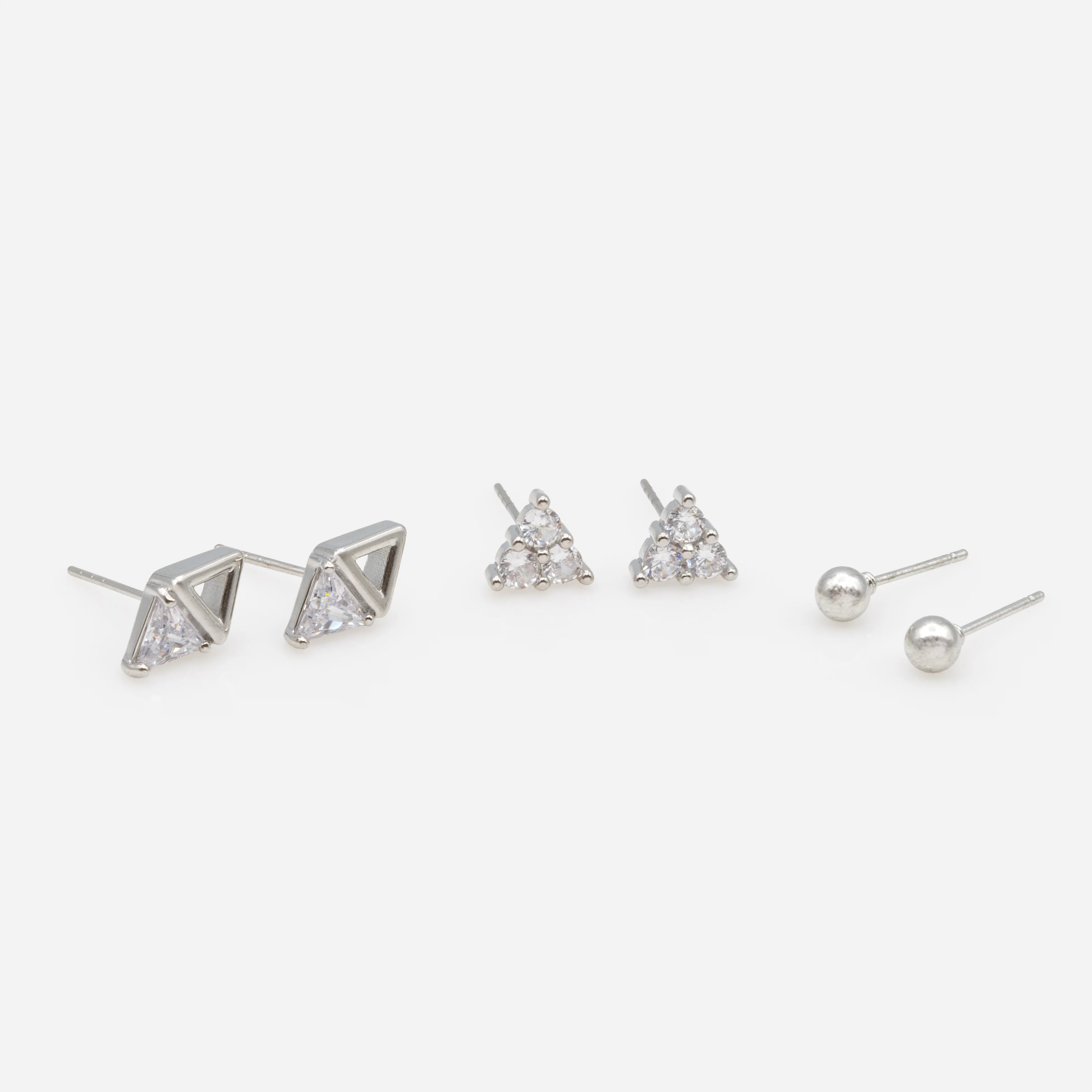 Trio de boucles d'oreilles triangulaires et boules argentées avec zircons cubiques - Image 2