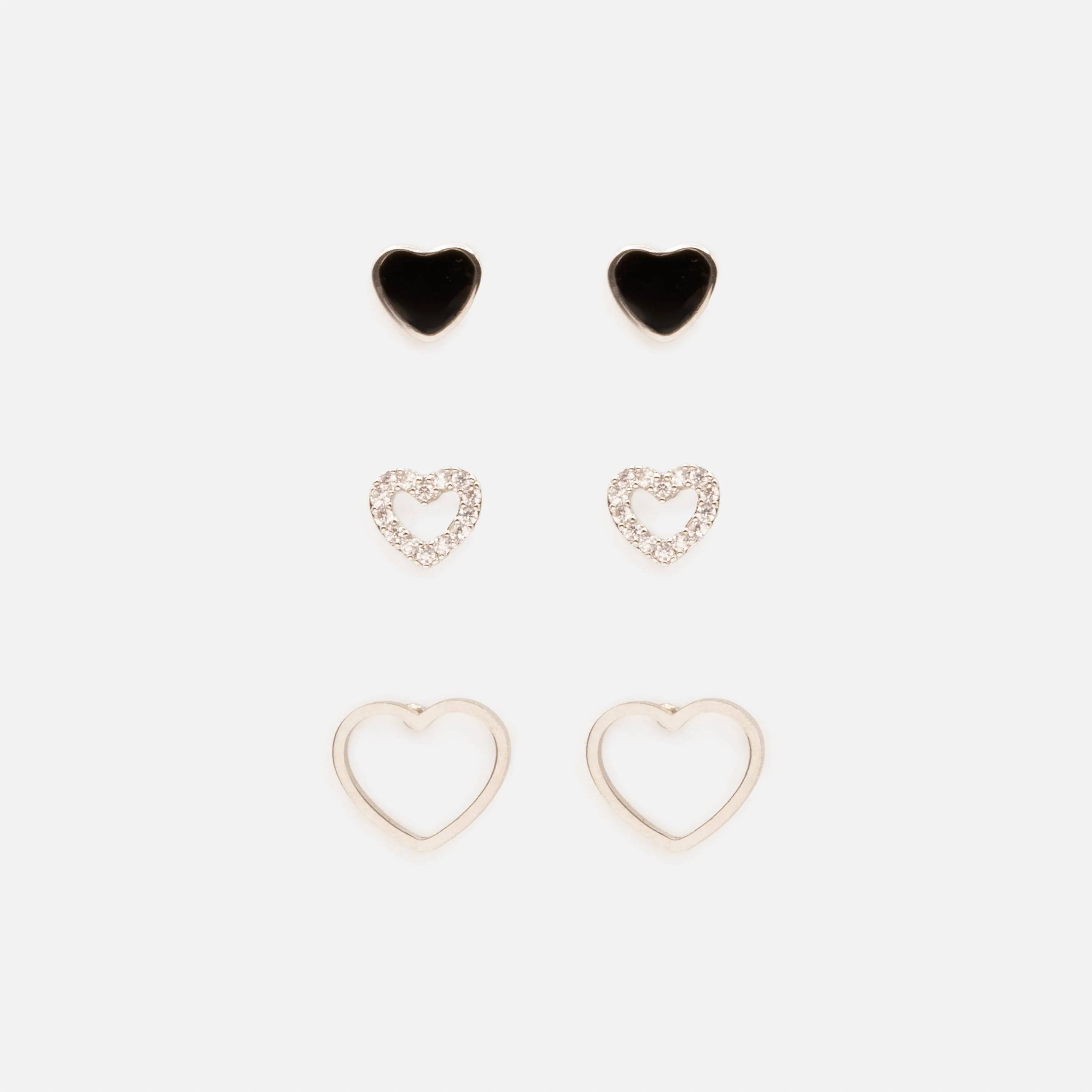 Trio de boucles d'oreilles cœurs noirs et argentés en acier inoxydable
