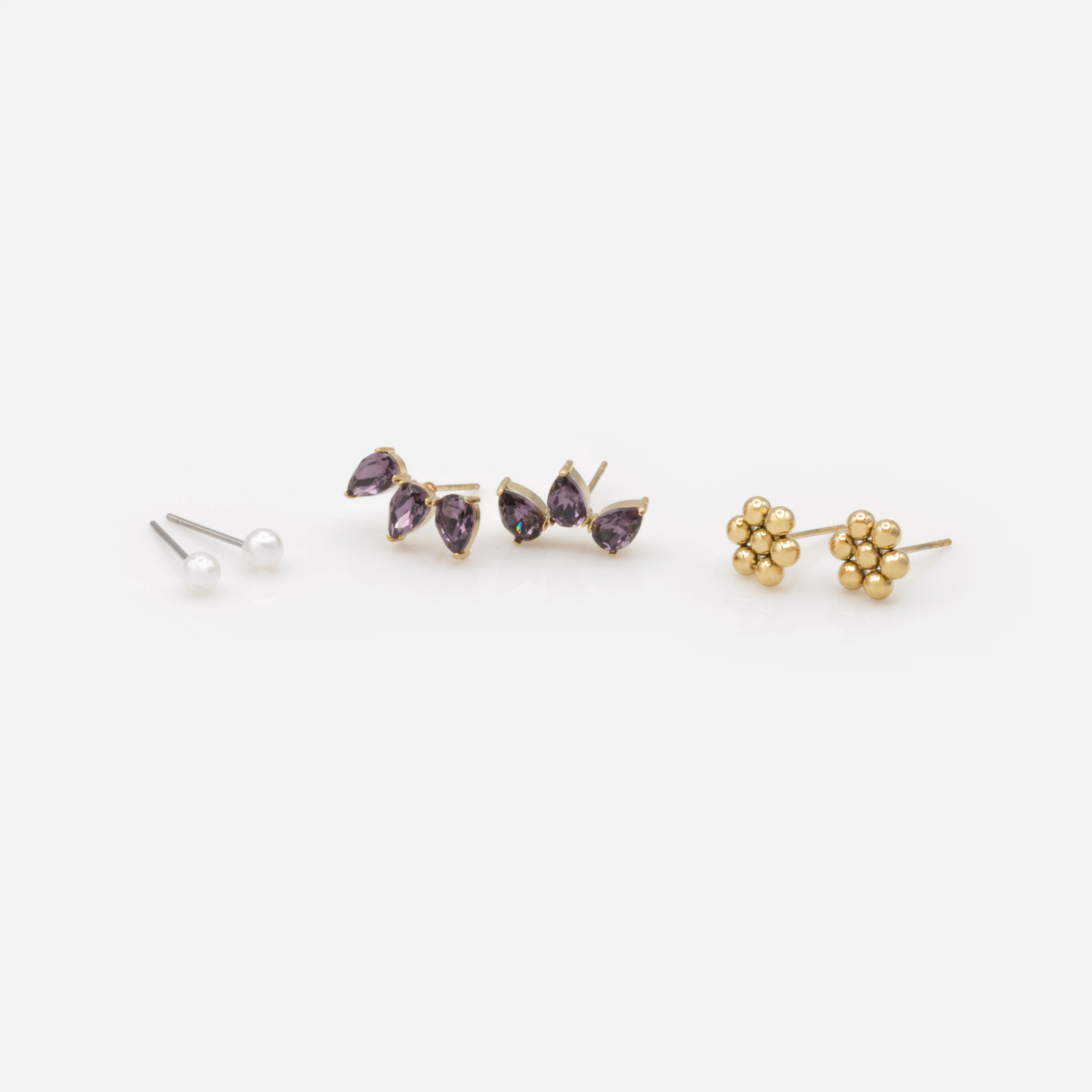 Trio de boucles d'oreilles dorées pierres mauves et perles en acier inoxydable - Image 5