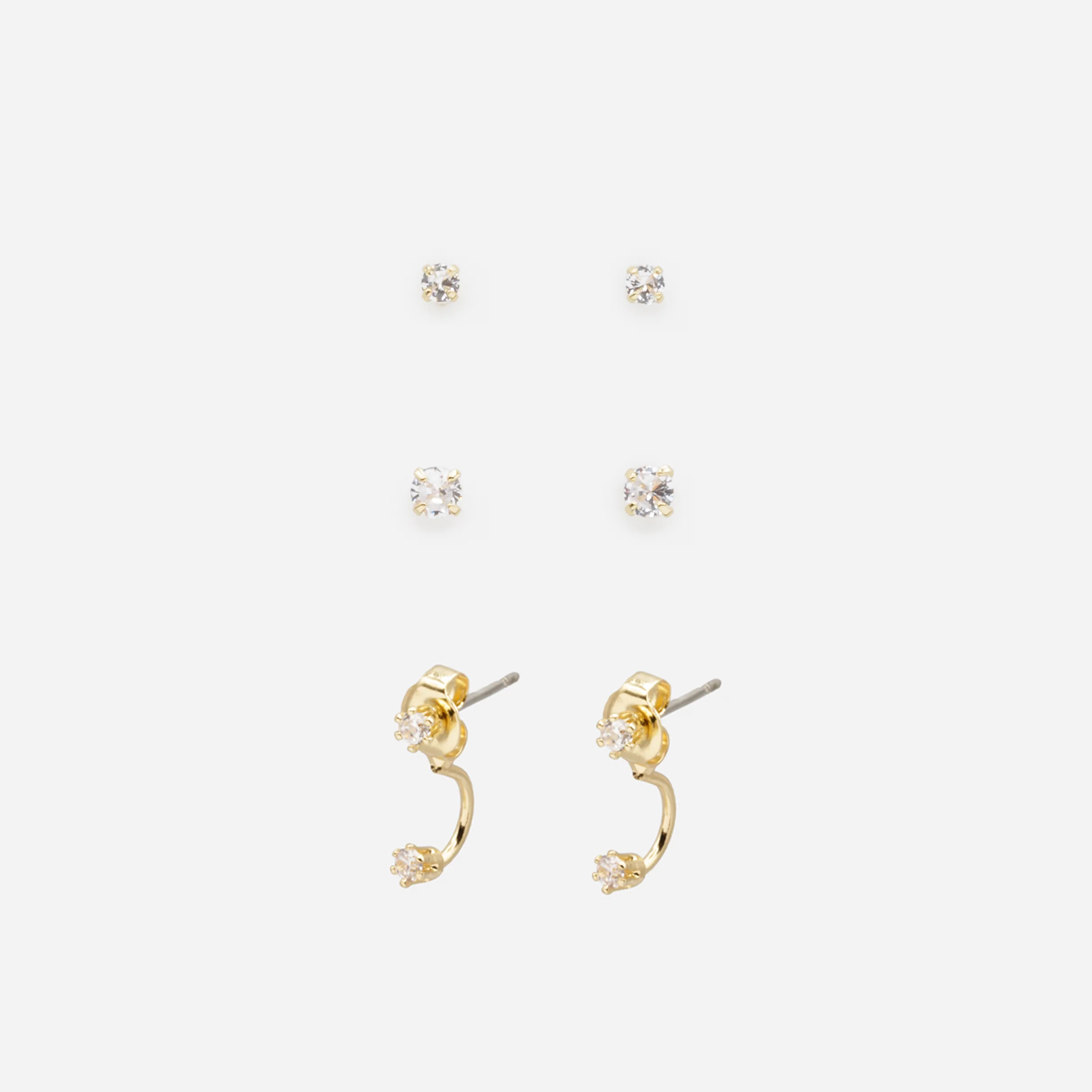 Trio de boucles d'oreilles fixes dorées avec zircons cubiques